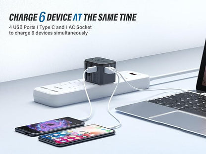 EPICKA Universal Travel Adapter, European Travel Plug Adapter - International Power Adapter Worldwide Charger with USB-C & 4 USB-A Ports, Travel Essentials for Italy, UK, Japan (TA-105, Space Grey)