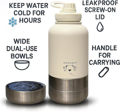 Love Wag & Play Dog Water Bottle Portable – 2 in 1 Stainless Steel Bowl for Food, Water – Leakproof Portable Water Bowl for Dog with Carry Loop – Detachable Design – Ideal for Kibble, Treats – Green