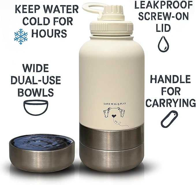 Love Wag & Play Dog Water Bottle Portable – 2 in 1 Stainless Steel Bowl for Food, Water – Leakproof Portable Water Bowl for Dog with Carry Loop – Detachable Design – Ideal for Kibble, Treats – Beige