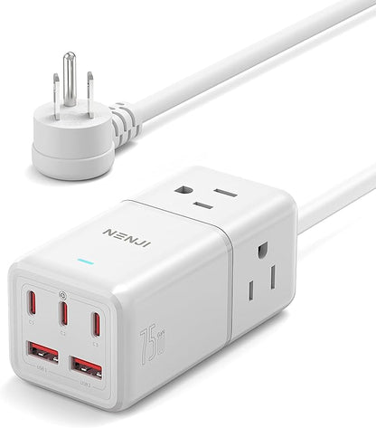 NENJI 75W GaN USB-C Super Fast Charging Station, 8-in-1 Power Strip with 5 USB & 3 AC Ports, Smart Charging, Fast PD Charger for iPhone, Samsung, iPad, MacBook – Desktop & Travel-Friendly – White