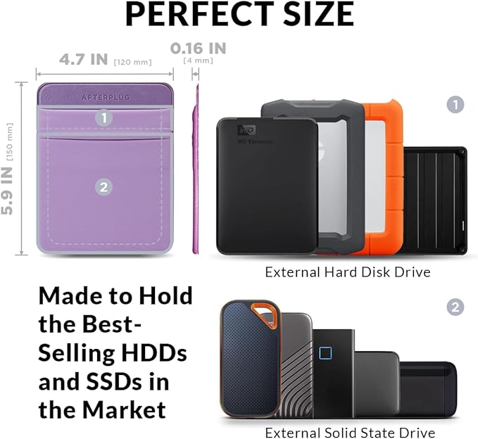 2-Pocket Adhesive Pouch for Laptop, Compatible with External 2.5" HDD, SSD, Magic Mouse, USB Cable and More - Lilac Purple