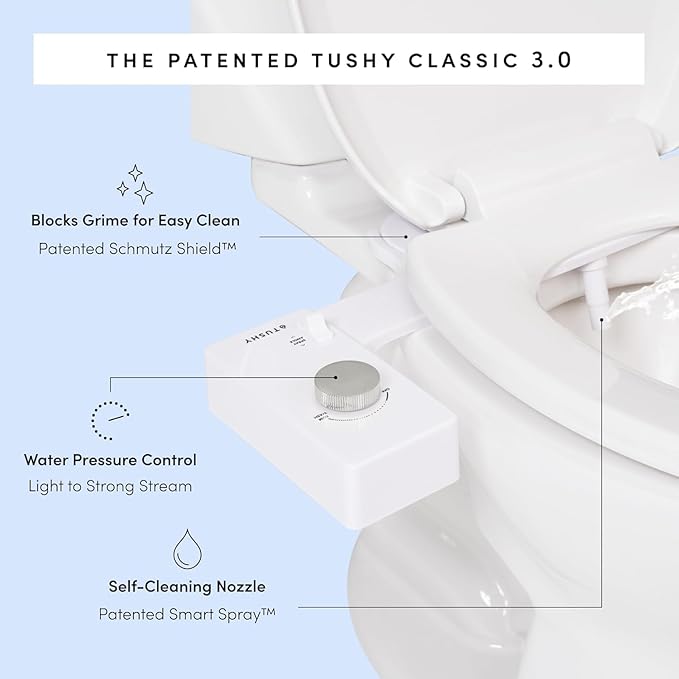 TUSHY Classic 3.0 Bidet Toilet Seat Attachment - A Non-Electric Self Cleaning Water Sprayer with Adjustable Water Pressure Nozzle, Angle Control & Easy Home Installation (White/Gunmetal)