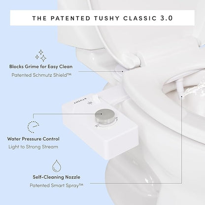 TUSHY Classic 3.0 Bidet Toilet Seat Attachment - A Non-Electric Self Cleaning Water Sprayer with Adjustable Water Pressure Nozzle, Angle Control & Easy Home Installation (White/Gold)