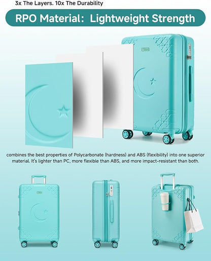 Somago 3 Piece Luggage Set with Cup Holder, Expandable 25% Capacity Suitcase with Shock-Absorbing Braking Spinner Wheels Moon Star Design Hardside Suitcase with TSA Lock (Robin Egg Blue,20/24/28 Inch)
