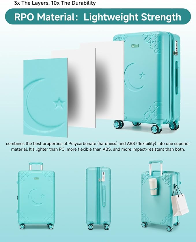 Somago Expandable Carry On luggage with Shock-Absorbing Braking Spinner Wheels Moon Star Design Hard Shell Suitcase with Cupholder TSA Lock (Robin Egg Blue,Expandable 20 Inch)