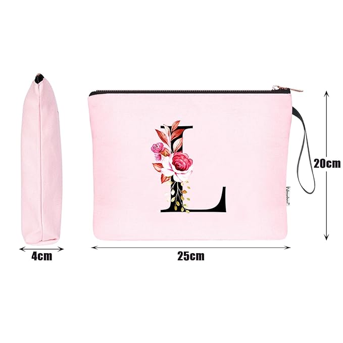 Vavabox A-Z Personalized Makeup Bag, Birthday Gifts for Women Mom, Gifts for Best Friend, Bride Bridesmaid Cosmetic bag (L, Pink)