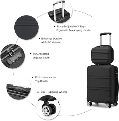 Kono Carry On Luggage Set Airline Approved Lightweight PC+ABS Carry On Suitcase with TSA Lock Spinner Wheels Durable Luggage Hardside Black