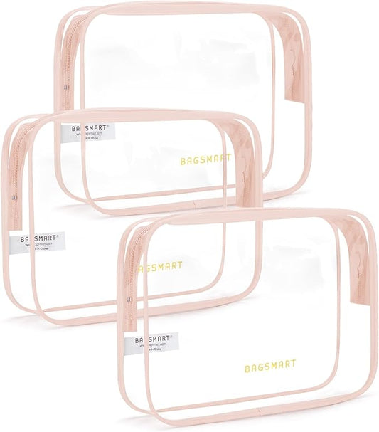 BAGSMART Clear Toiletry Bag, 3 Pack TSA Approved Travel Toiletry bag Carry on Travel Accessories Bag Airport Airline Quart Size Bags Water Repellent Makeup Cosmetic Bag for Women (Nude Pink-3pcs)