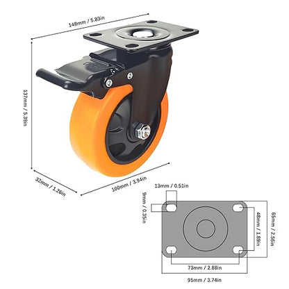 4 Inch Caster Wheels, Heavy Duty Casters Set of 4, Locking Top Plate Casters with Brake, Industrial Swivel Caster Wheels for Furniture and Workbench (Orange 4 x Brakes, 4 Inch)