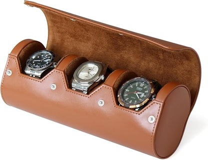 watch box organizer for mens watch case travel roll Portable 3 Watch Display Storage with Velvet Sections to Holder Large Watch (Light Brown)