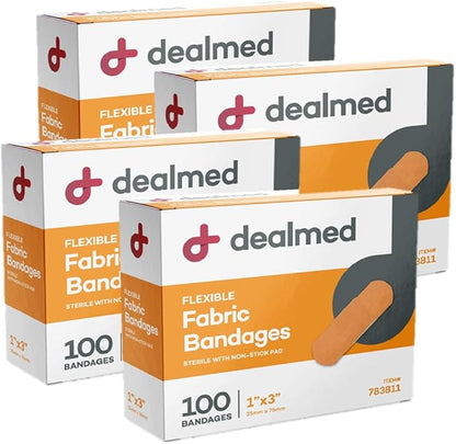 Dealmed Sterile Flexible Fabric Adhesive Bandages – 1x3 Inch – 100/Box - 4 Boxes - Breathable First Aid Strip Pack - Soft Stretch Wound Patch for Medical, Emergency Kits & Clinic
