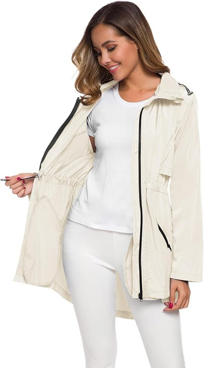 Avoogue Women's Long Raincoat with Hood Outdoor Lightweight Windbreaker Rain Jacket Waterproof