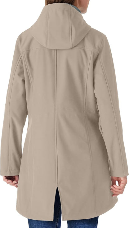 Outdoor Ventures Women's Lightweight Waterproof Fleece Lined Hooded Softshell Rain Jacket, Warm Windbreaker Long Coat