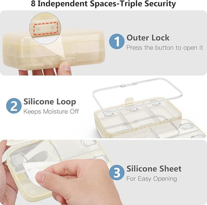 FYY Weekly Pill Organizer with Labels,8 Compartments Travel Daily Pill Case Airtight Moistureproof Large Pill Box to Hold Vitamins, Fish Oil, Supplements,Cotton Swab and Bandages-Beige