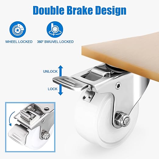 2 Inch Stainless Steel Caster Wheels Set of 4, Anti-Rust Outdoor Swivel Casters with Brake, Durable Polyamide PA Wheels for Furnitures,Labs,Restaurants