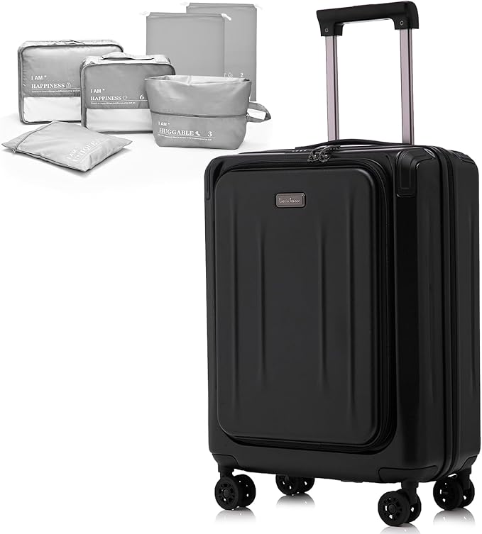 Premium Carry On Luggage, 20 Inch Top Opening Aluminum Frame Lightweight Airline Approved ABS+PC Hard Shell Suitcases with Silent Wheels, TSA Lock, Front Pocket and Wet-dry Separated Six-piece Set