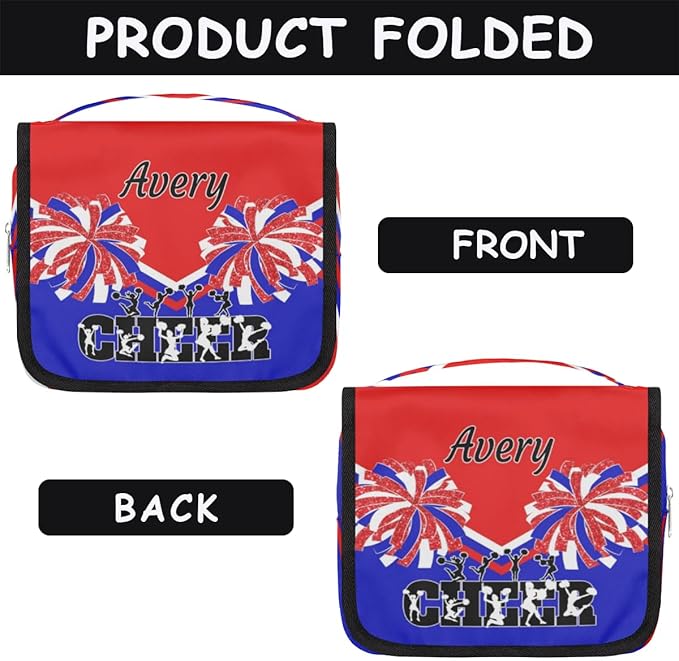 Custom Name Toiletry Bag Travel Bag with Hanging Hook, Makeup Cosmetic Bag Travel Full Sized Container Organizer for Shampoo, Toiletries. Red Royal Blue Black Cheerleader Silhouette