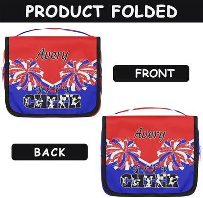 Custom Name Toiletry Bag Travel Bag with Hanging Hook, Makeup Cosmetic Bag Travel Full Sized Container Organizer for Shampoo, Toiletries. Red Royal Blue Black Cheerleader Silhouette