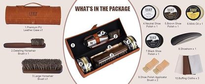 YUET 13PC Shoe Polish Care Kit Leather Boot Shine Set w/Travel Case, Brush, Cloth, Shoehorn, Brown Black Neutral Polish
