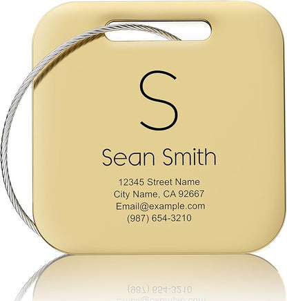 Personalized Engraved Gold Metal Luggage Tags for Suitcase - Custom Name Tags for Bags and Backpacks (10 Pack)