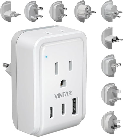 VINTAR Universal Travel Adapter Kit, International Power Adapter with 3 USB Ports (2 USB C, 3.4A) and 2 AC, Type A,C,D,E/F,G,H,I,L,M Detachable Attachments, Adapter for India/Africa/EU/UK//AU/JP/US