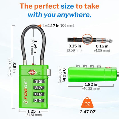 Forge TSA Approved Luggage Locks 4 Digit Combination TSA Travel Locks with TSA008, Open Alert Indicator, Zinc Alloy Body for Luggage, Suitcase, Backpack, and More. Green 2 Locks.
