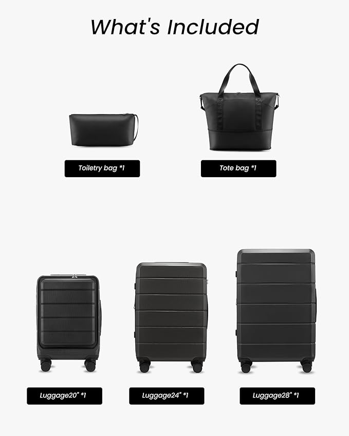 Luggage Sets 5 Piece, Expandable Hardside Suitcases with Wheels Includes Tote Bag, Black