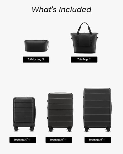 Luggage Sets 5 Piece, Expandable Hardside Suitcases with Wheels Includes Tote Bag, Black