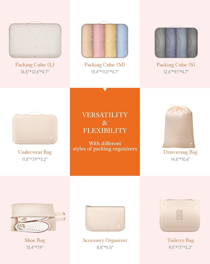 HOTOR Packing Cubes for Suitcases - 8 Pieces, Light Packing Cubes for Travel, Premium Suitcase Organizer Bags Set, Space-Saving Luggage Organizers, Travel Accessories and Essentials, Beige