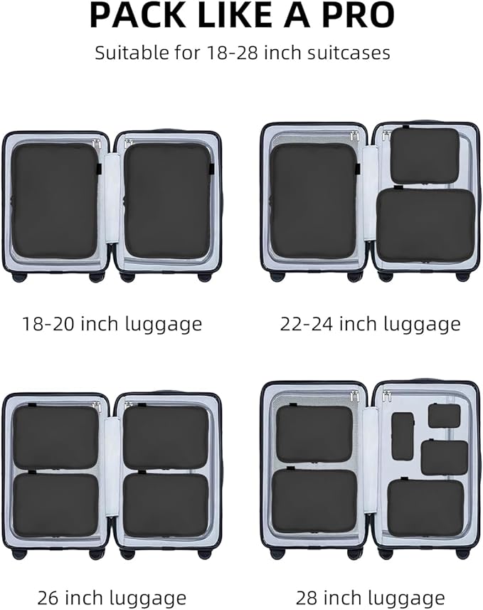 Compression Packing Cubes for Travel, 6-Piece Set (Large/Medium/Small), Double-Zip Luggage Organizers for Suitcase & Carry-On, Clothes Storage Bags (6 Pack, Pure Black)