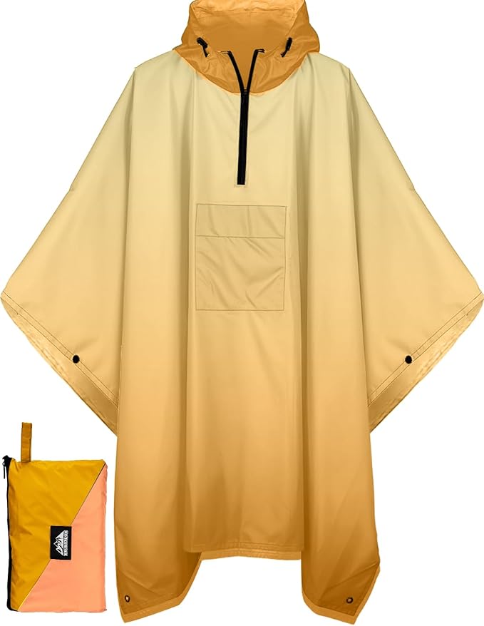 Bruvoalon 3-in-1 Rain Poncho with 1/4 Zip & Chest Pocket, Waterproof, Sunshade, Ground Mat for Adults & Youth Emergency