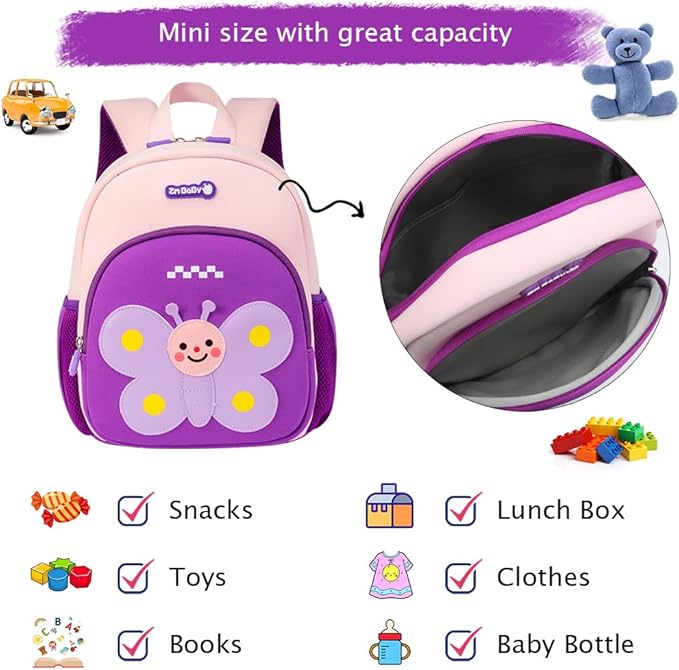 Padgene Toddler Harness Backpacks Safety Leash Kids Anti Lost Kindergarten Preschool Backpack Neoprene Lightweight Animal Schoolbag 3D Cartoon Butterfly Mini Travel Bag for Boys Girls Ages 3-5