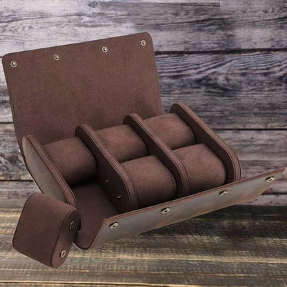 Genuine Leather Watch Roll Travel Case,Vintage Full Grain Leather Watch Box with Pillow for Men,Watch Storage Organizer for Home Storage,Travel Watch Organizer Box (6 Slots)