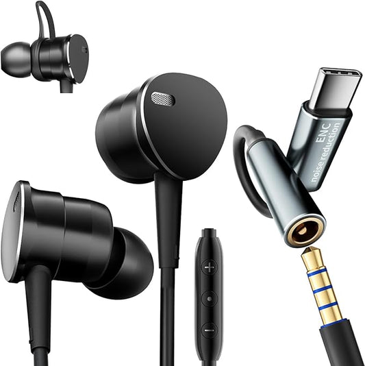 Multi-Purpose In-Ear Wired Headphones Deep Bass - Noise-Canceling Clear Calls, Sports Mode,Wired Earbuds with Mic Noise Reduction Compatible with iPhone 17 16 15, Android, Tablets (USB C+3.5MM plug)