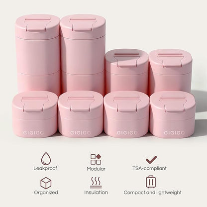 GIGIGO Magnetic Travel Containers Pink Set, 8-Pack Leakproof Refillable Cosmetic Capsules (0.68/1.69/3.04 fl oz) for Toiletries, Customizable Travel Size Jars with Lids & Labels for Skincare, Shampoo