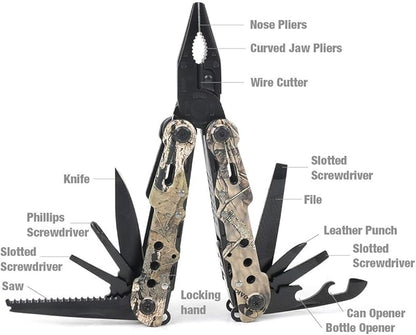 MOSSY OAK Multitool, 13-in-1 Folding Multi Tool Plier with Nylon Sheath, Stainless Steel Camo EDC Tool, Portable Pocket Knife for Camping, Survival, Hunting, Hiking, Outdoor & Christmas Gifts for Men