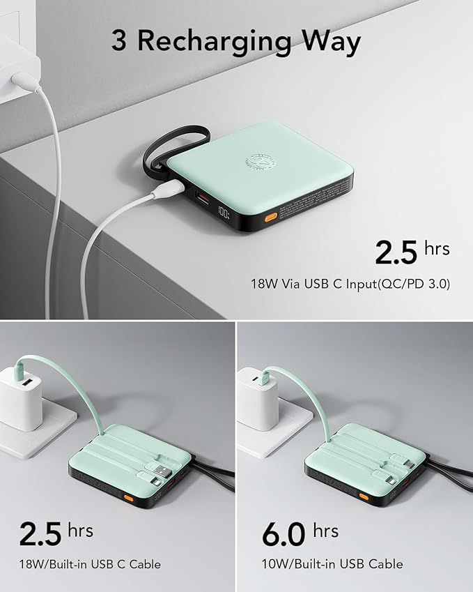 VRURC Portable Charger USB C, Power Bank with Built-in Cable, 10000mAh 20W Battery Pack for iPhone 16 15 14 Samsung Galaxy S23 S22 Google, Note 20, Pixel, Moto, LG Android Phone, Green(1 Pack)