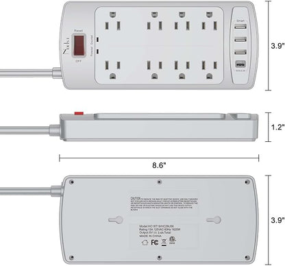 Surge Protector Power Strip - Nuetsa Flat Plug Extension Cord with 8 Outlets and 4 USB Ports, 6 Feet Power Cord (1625W/13A), 2700 Joules, ETL Listed, Grey