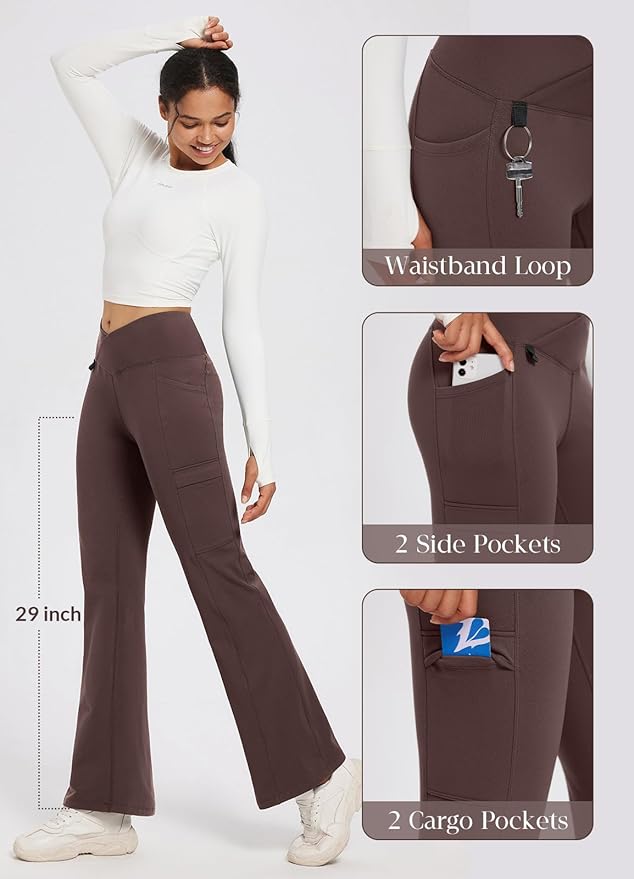 baleaf Women's Fleece Lined Pants Winter Thermal Water Resistant Crossover Flare Leggings Warm Bootcut Hiking Outdoor