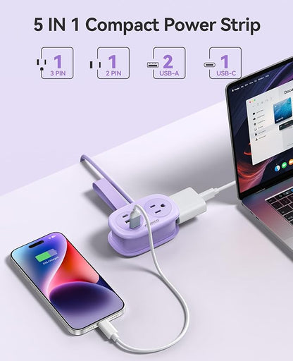 ORICO Pocket Power Strip for Travel, 5 in 1 Extension Cord with 2 AC Outlets 2 USB-A and 1 USB-C Ports, 3.7 ft Flat Plug Wrapped Around Power Strip for Cruise Office, Hotel, Home- AP3