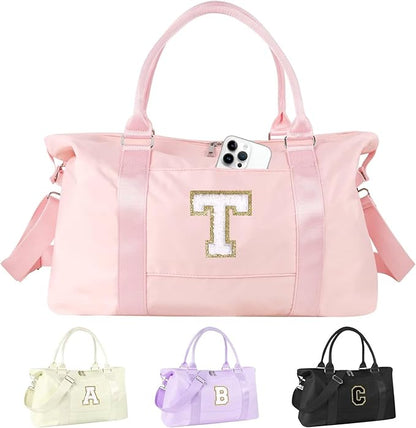 Dance Gym Duffel Bag for Teen Girls, Personalized Initial Travel Weekender Bag,Cute Overnight Carry On Duffle for Women,Sports Travel Cheer Bag,Monogram Christmas Gifts for Tween Preppy(pink-T)