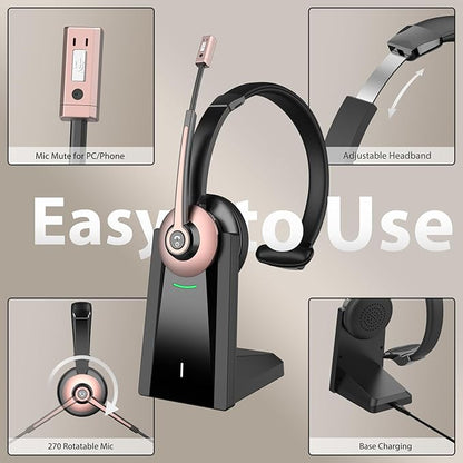 Wireless Headset with Mic for Work, Wireless Headset with Microphone (Noise Cancelling & Mute Button, USB Dongle & Charging Base), Bluetooth Headphones for Home/Office/Computer/Laptop/Phone/Teams/Zoom