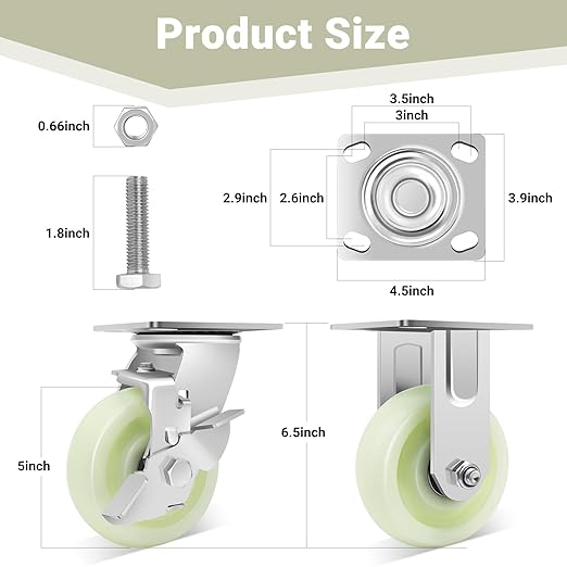 W B D WEIBIDA Heavy Duty Caster Wheels 5 Inch - 3500 LBS, PP Plate Castor Set of 4 with Double Ball Bearings, Non-Marking Industrial Swivel Casters for Hand Trucks, Carts, Industrial (2 Brake 2 Rigid)