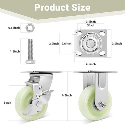 W B D WEIBIDA Heavy Duty Caster Wheels 5 Inch - 3500 LBS, PP Plate Castor Set of 4 with Double Ball Bearings, Non-Marking Industrial Swivel Casters for Hand Trucks, Carts, Industrial (2 Brake 2 Rigid)