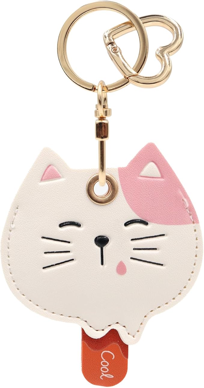 MC Fashion PU Leather Keychain Holder Case Compatible with AirTag, Cute Animal Cone GPS Tracker Case Charm Key Ring (Cat Bar)