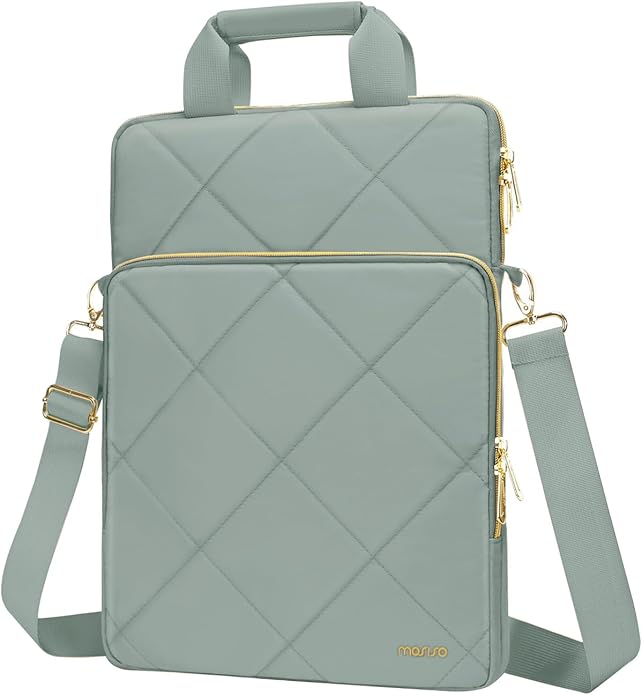 MOSISO Vertical Laptop Shoulder Bag,Computer Bag,Rhombus Quilted Messenger Bag with Front Pocket&Handle&Belt