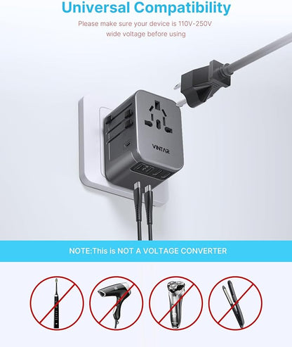 Universal Travel Adapter, VINTAR International Power Adapter with 6A 3 USB C and 2 USB Ports, All in One Travel Essentials Plug Adapter, Worldwide Outlet Converter for Europe UK USA AUS(Type C/G/A/I)