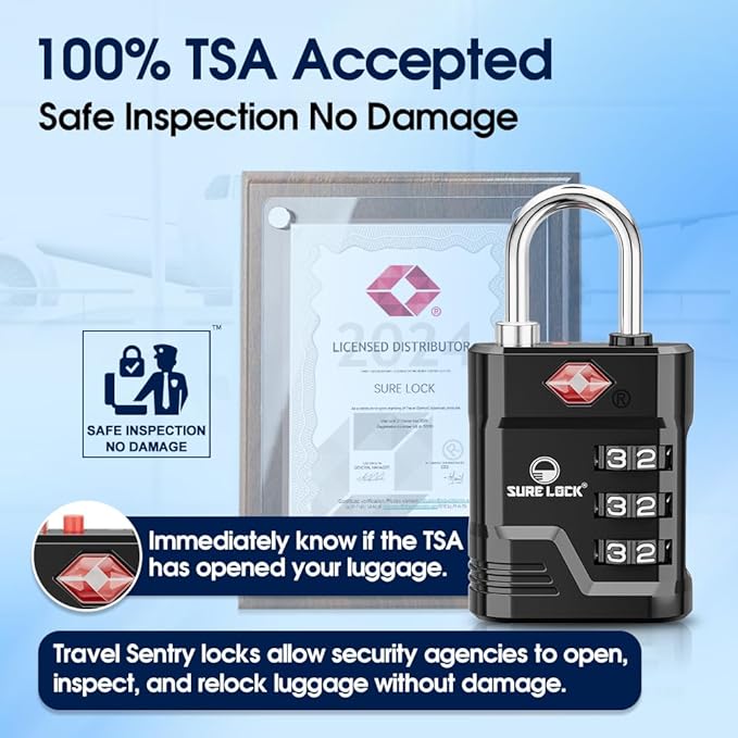 SURE LOCK TSA Locks for Luggage, TSA Approved Luggage Locks with Open Alert, 008 Key for High Security, Easy Read Dials, Zinc Alloy Body, Locker Lock for Suitcase, Gym, Travel(Black 6 pk)