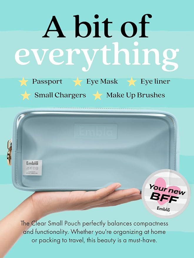 Embla London Makeup Bag Cosmetic Case, Clear Zipper Make Up Pouch and Toiletry Travel Tote, Cute Skincare Pouches for Women Girls, Preppy Purse Cosmetic Organizer, Small Makeup Bags, Sky Blue
