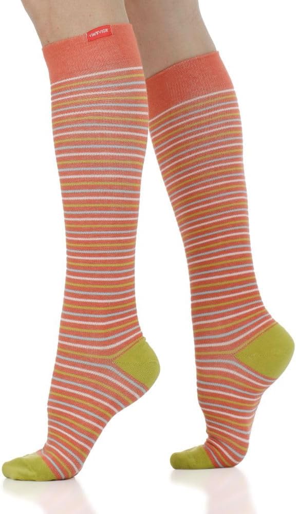 VIM & VIGR Cotton 15-20 mmHg Graduated Compression Socks (Rust & Chartreuse Pinstripe, Medium/Large Wide Calf (5))